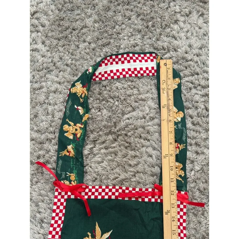 Vintage Handmade Christmas Apron Santa Teddy Bear Holiday Kitchen Gingham Trim